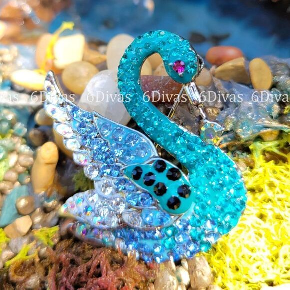 GLITTERING Blue Swan Brooch Pin - Picture 2 of 7